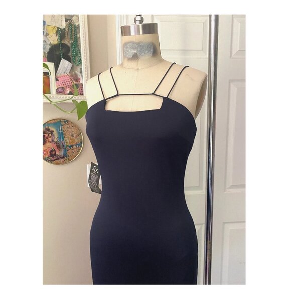 AX Paris Navy Stretch Strappy Knee-Length Wiggle Bandage BODYCON Dress *4* - Picture 2 of 6